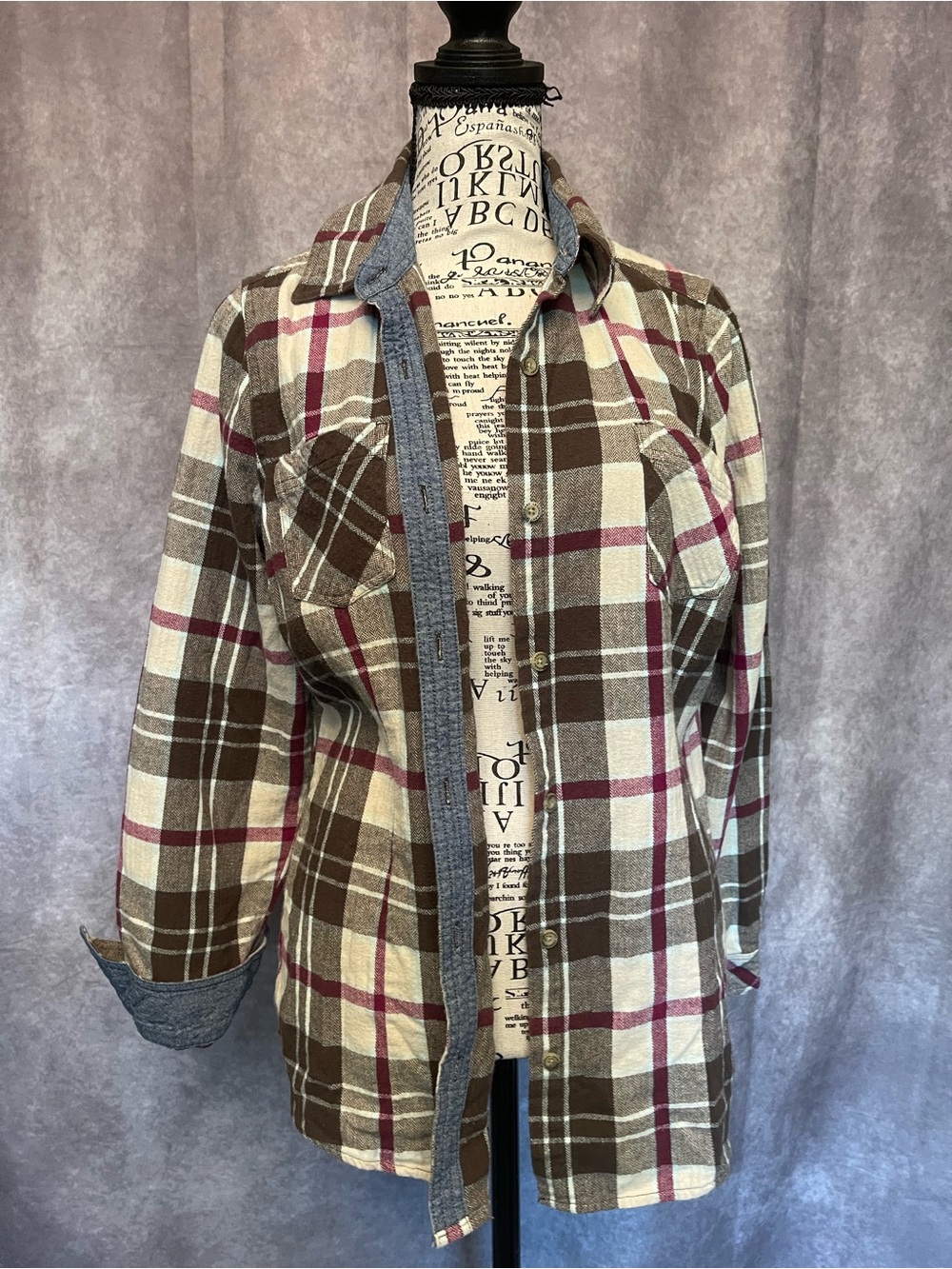Legendary Whitetails Women's Plaid Button-Up Flannel Brown, Burgundy and Cream